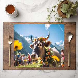 raxxa Premium-Tischset: Festive Cow with Flowers at Alpine Event