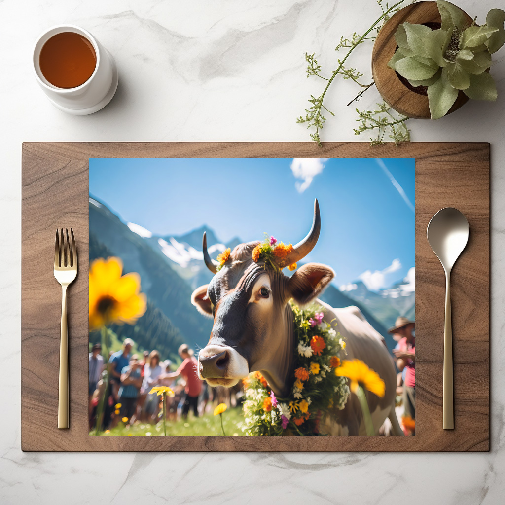 raxxa Premium-Tischset: Festive Cow with Flowers at Alpine Event