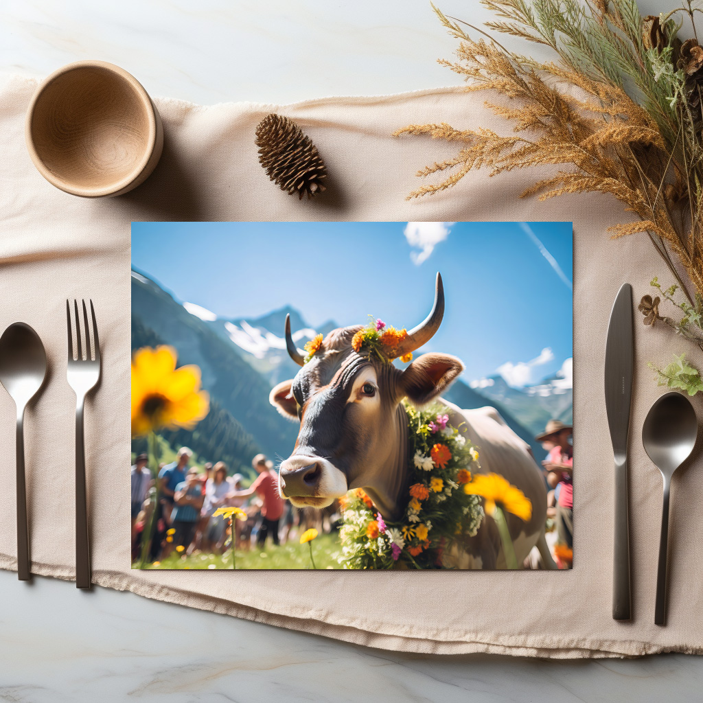 raxxa Premium-Tischset: Festive Cow with Flowers at Alpine Event - immagine 2
