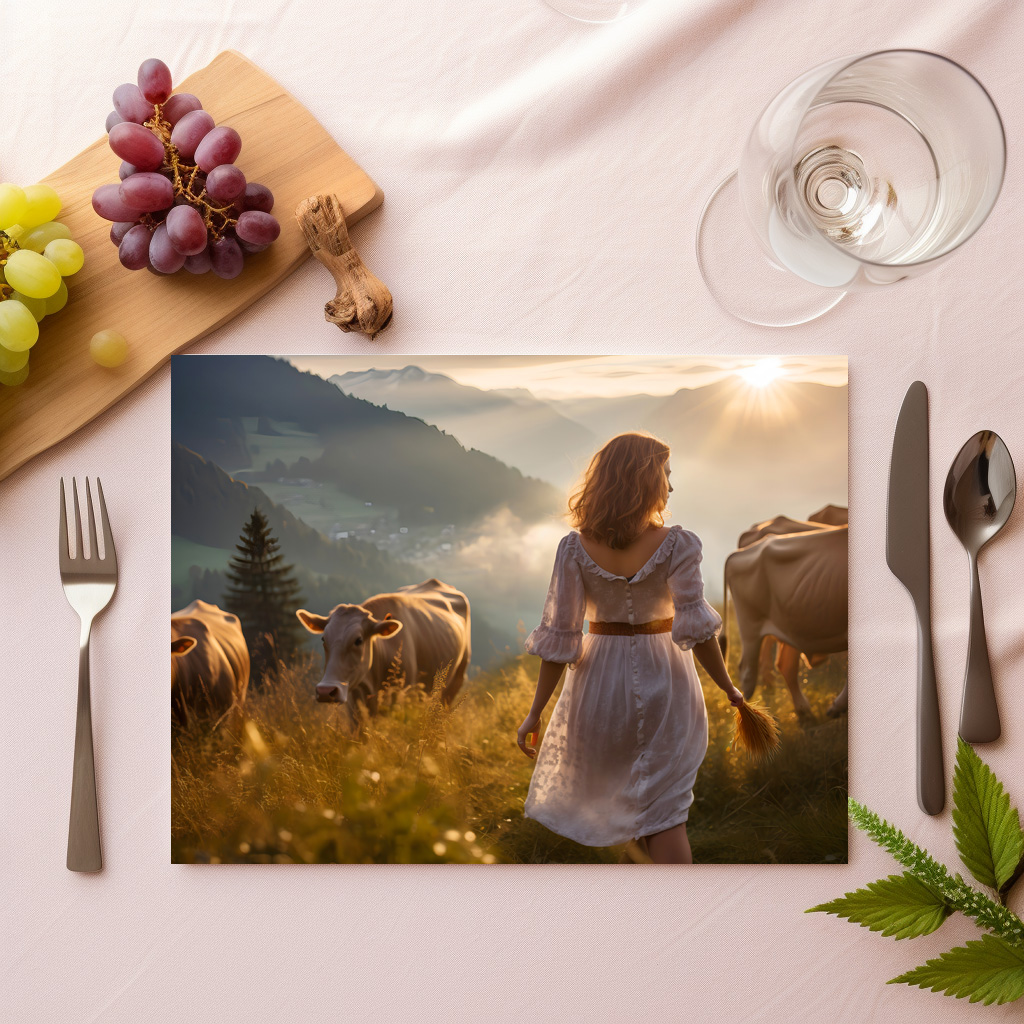 raxxa Premium-Tischset: Woman with Cows in Sunset Pasture