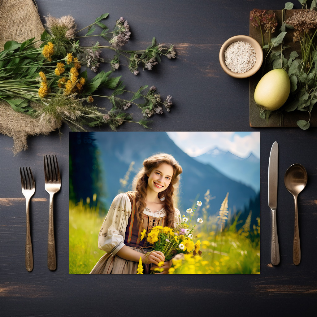 raxxa Premium-Tischset: Woman in Traditional Dress with Wildflowers – Bild 2