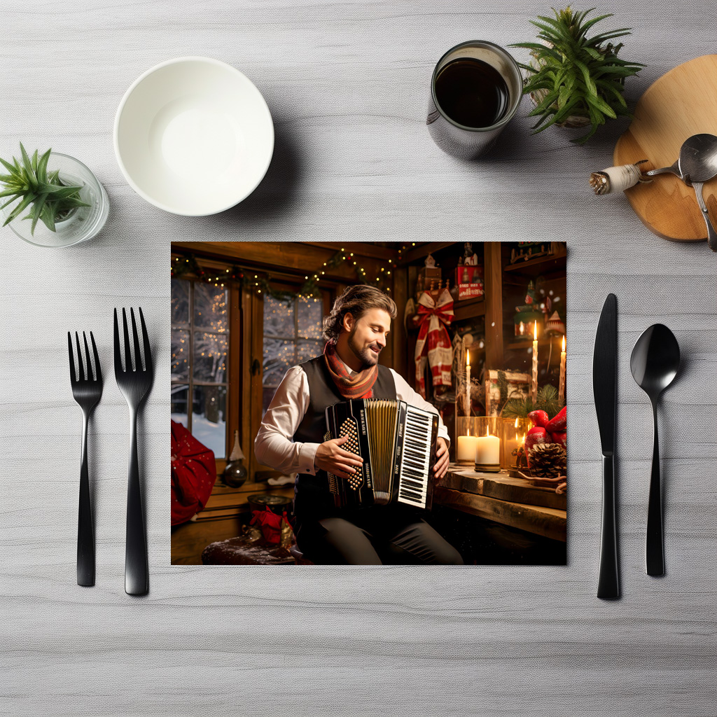 raxxa Premium-Tischset: Accordion Player in Cozy Christmas Cabin