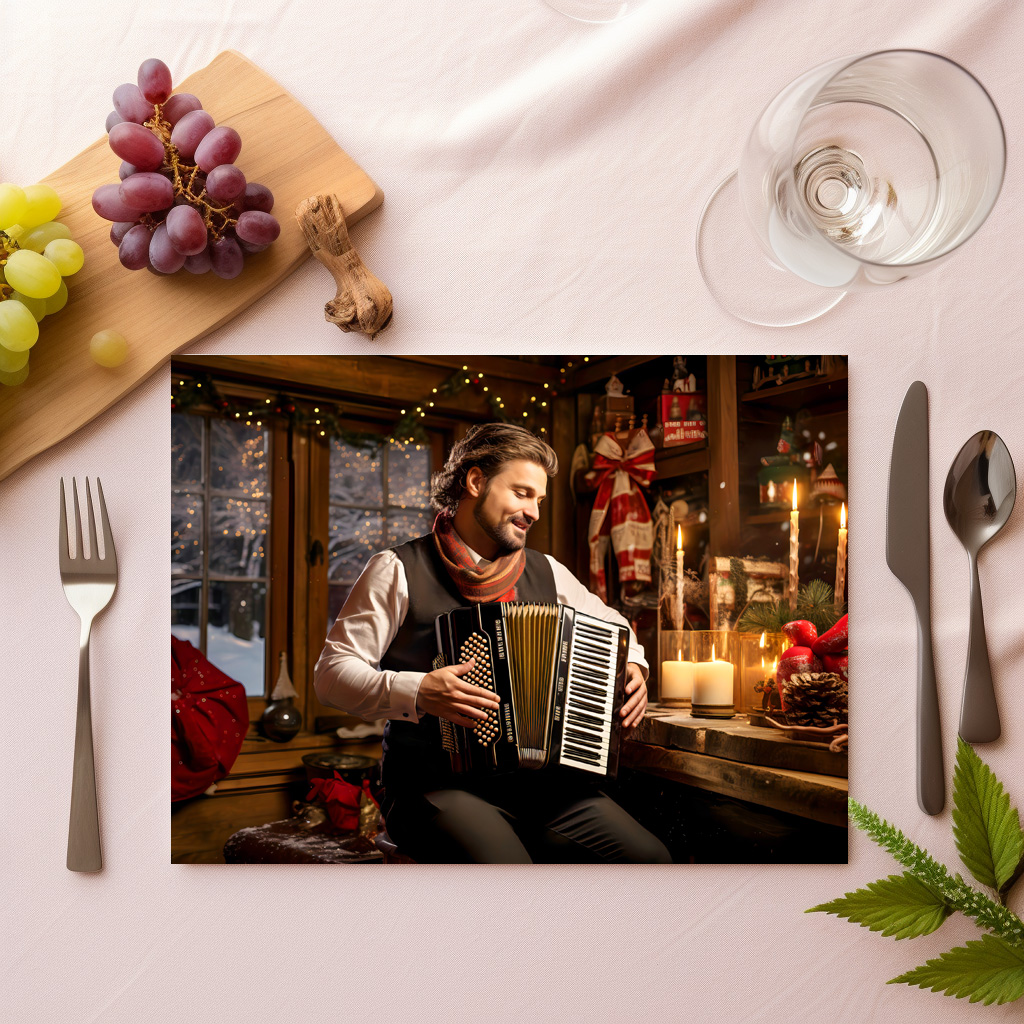 raxxa Premium-Tischset: Accordion Player in Cozy Christmas Cabin - Imagen 2