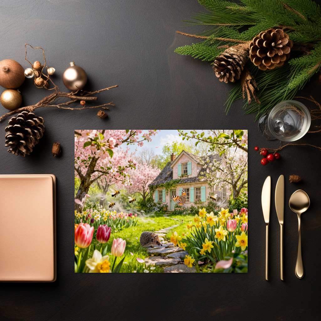 raxxa Premium-Tischset: Spring Cottage with Bees, Hedgehog and Blossoming Garden - Imagen 3