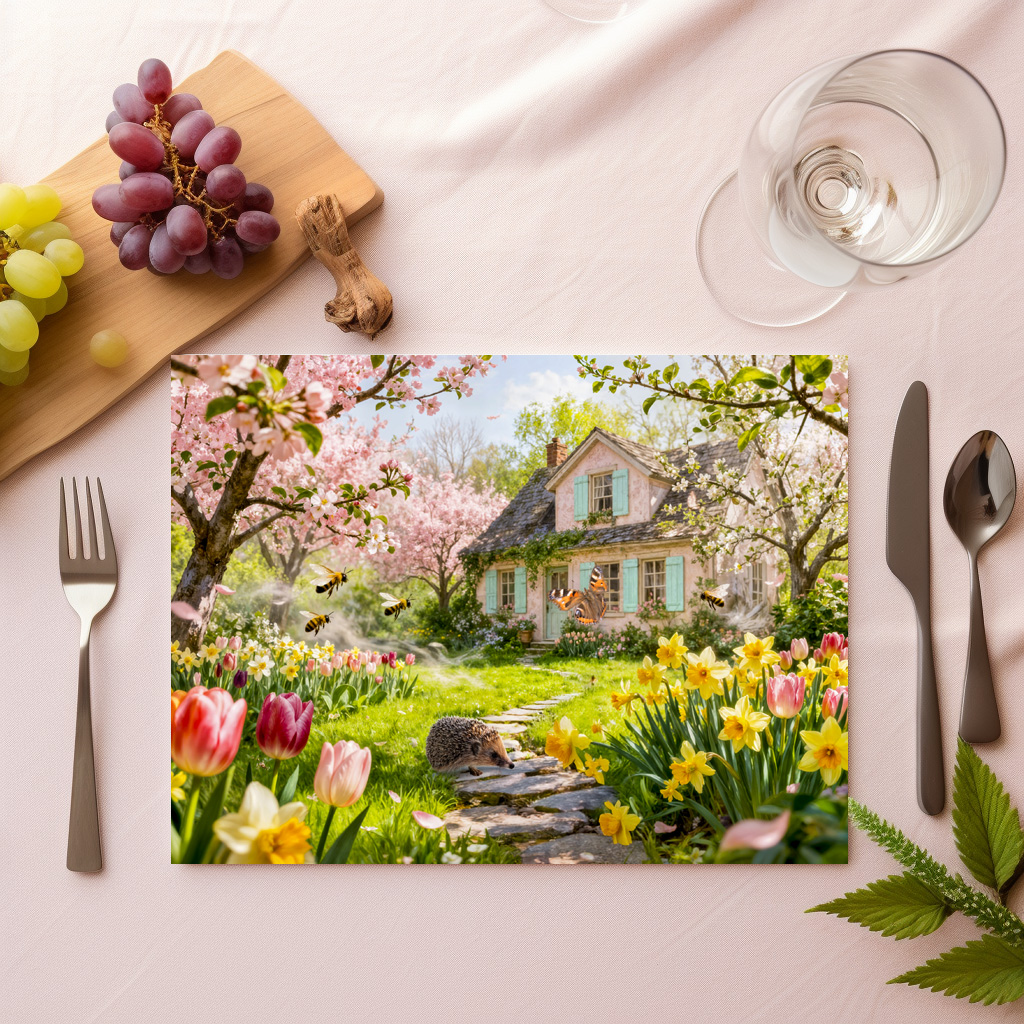 raxxa Premium-Tischset: Spring Cottage with Bees, Hedgehog and Blossoming Garden - Imagen 2