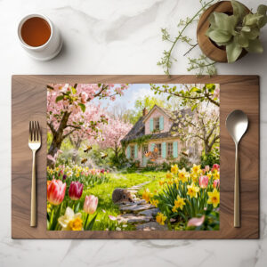 raxxa Premium-Tischset: Spring Cottage with Bees, Hedgehog and Blossoming Garden