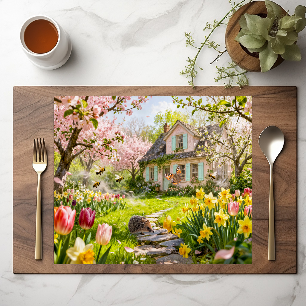 raxxa Premium-Tischset: Spring Cottage with Bees, Hedgehog and Blossoming Garden