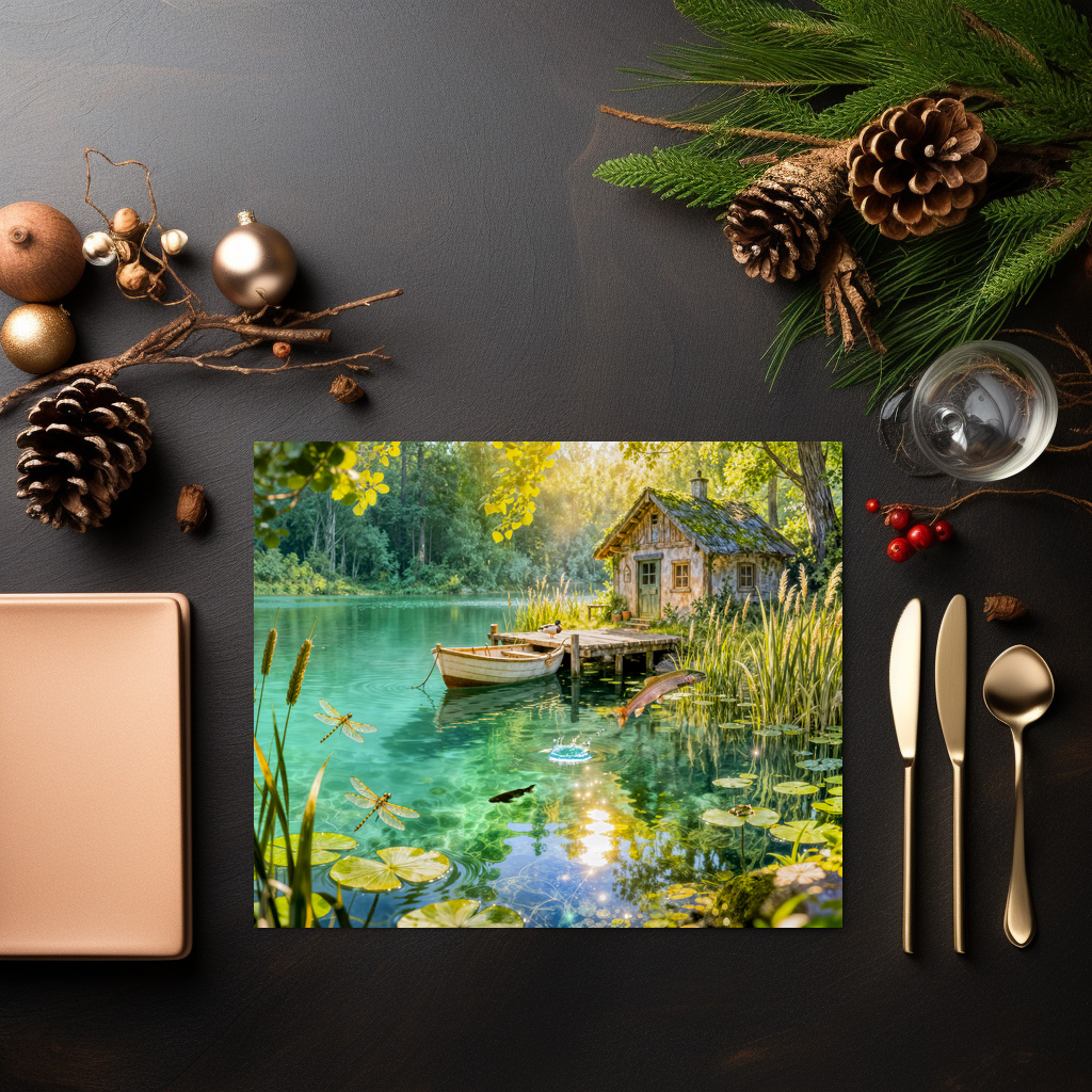 raxxa Premium-Tischset: Forest Stream Cottage with Ducks, piere and Dock Artwork – Bild 2