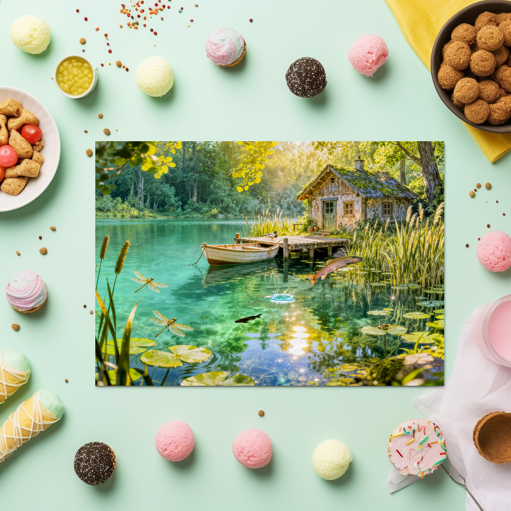 raxxa Premium-Tischset: Forest Stream Cottage with Ducks, piere and Dock Artwork – Bild 3