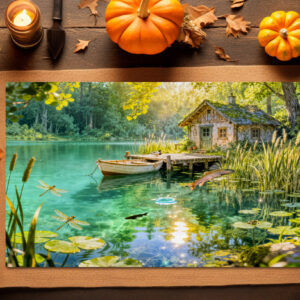 raxxa Premium-Tischset: Forest Stream Cottage with Ducks, piere and Dock Artwork