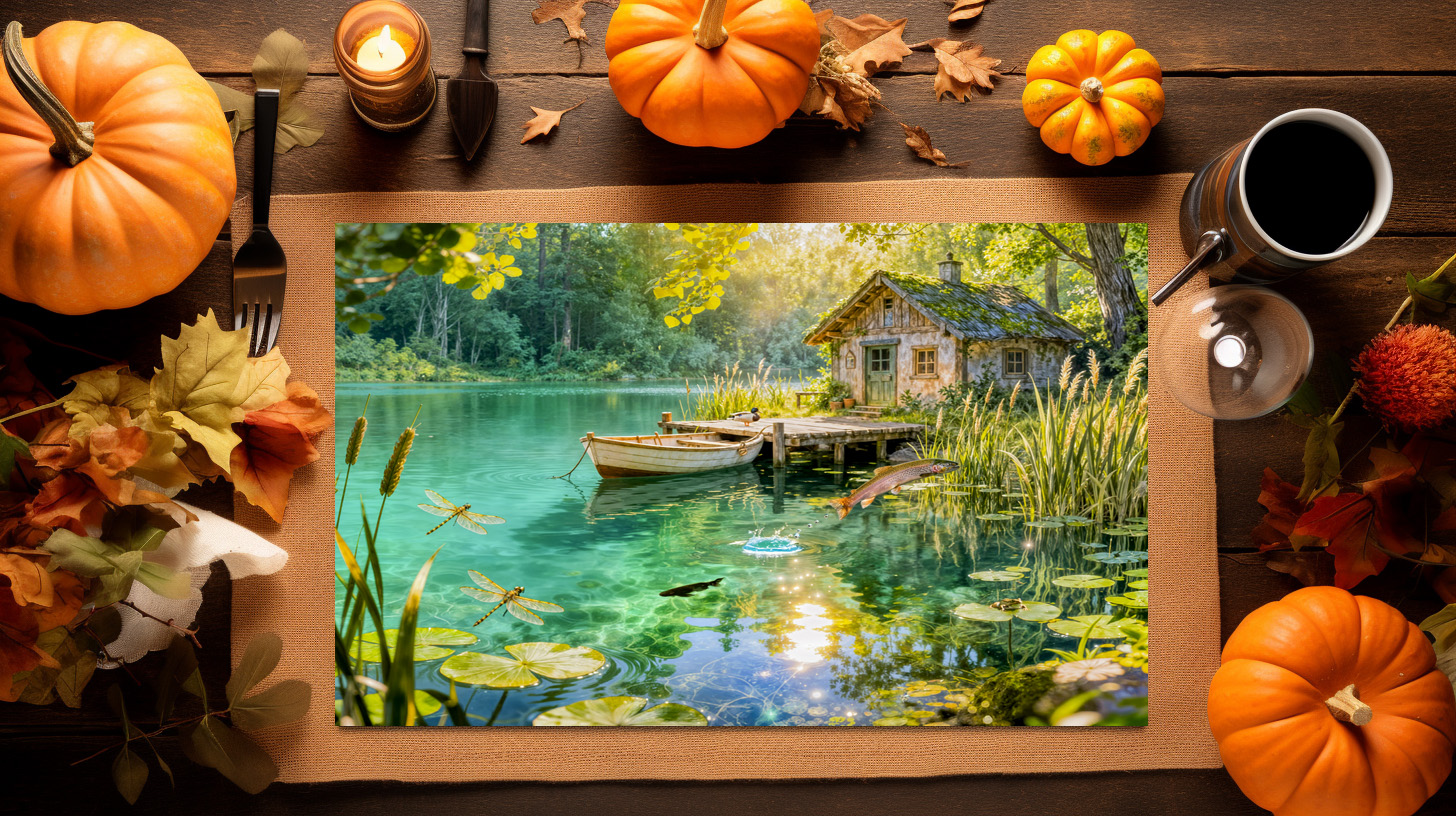 raxxa Premium-Tischset: Forest Stream Cottage with Ducks, piere and Dock Artwork