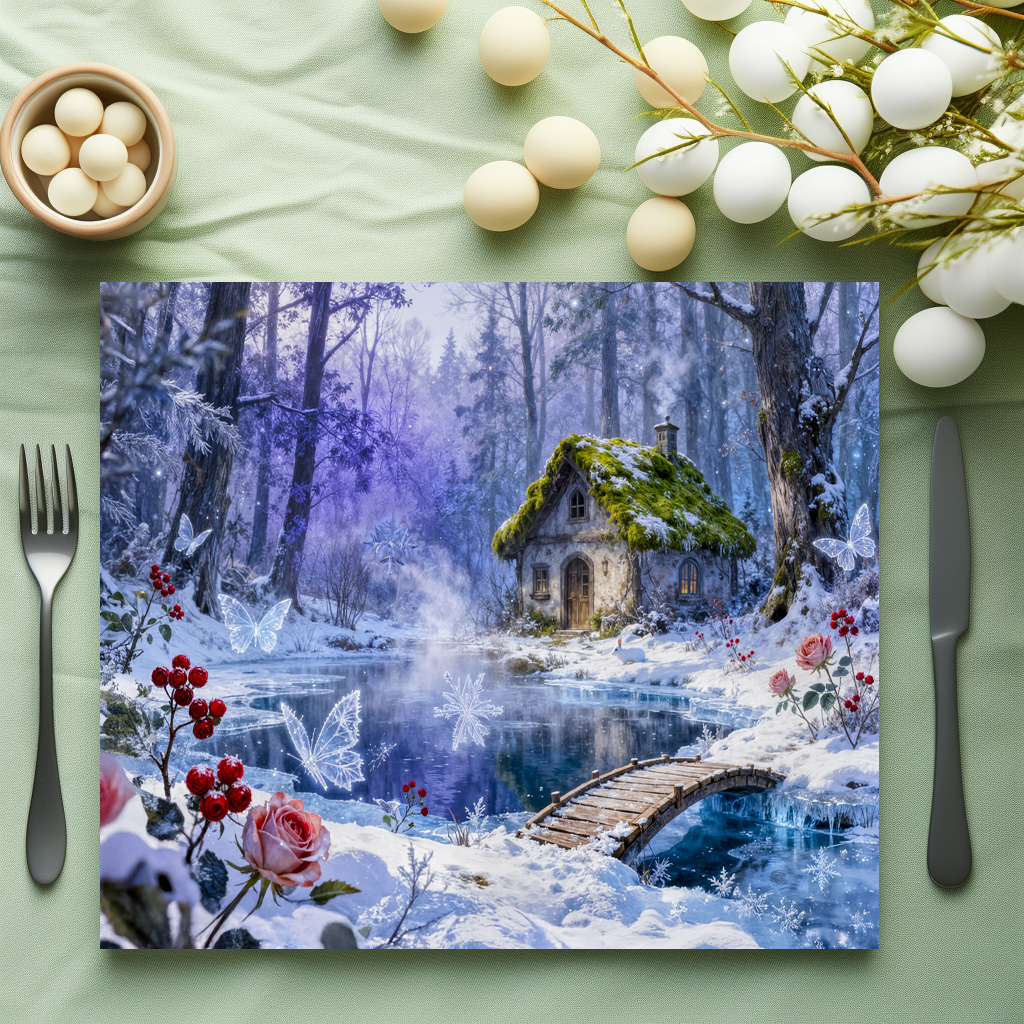 raxxa Premium-Tischset: Snowy Enchanted Forest Cottage with Bridge and Glowing Butterflies – Fantasy Artwork – Bild 2