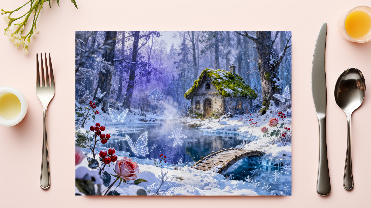 raxxa Premium-Tischset: Snowy Enchanted Forest Cottage with Bridge and Glowing Butterflies – Fantasy Artwork – Bild 3