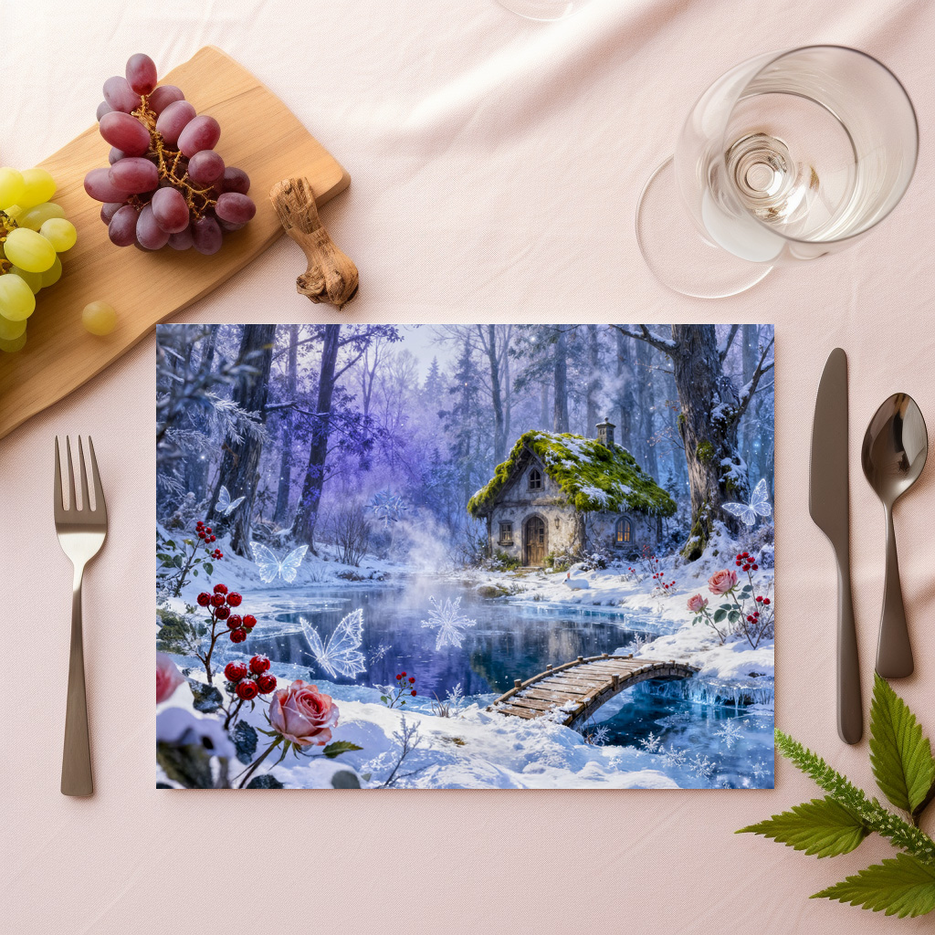 raxxa Premium-Tischset: Snowy Enchanted Forest Cottage with Bridge and Glowing Butterflies – Fantasy Artwork