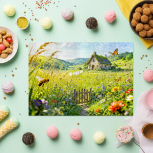 raxxa Premium-Tischset: Mountain Meadow Cottage with Flowers, Gate and Butterflies Artwork