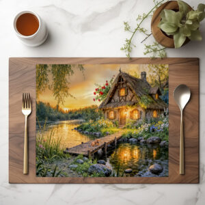 raxxa Premium-Tischset: Sunset River Cottage with Dog on Bridge and Flower Bed Artwork