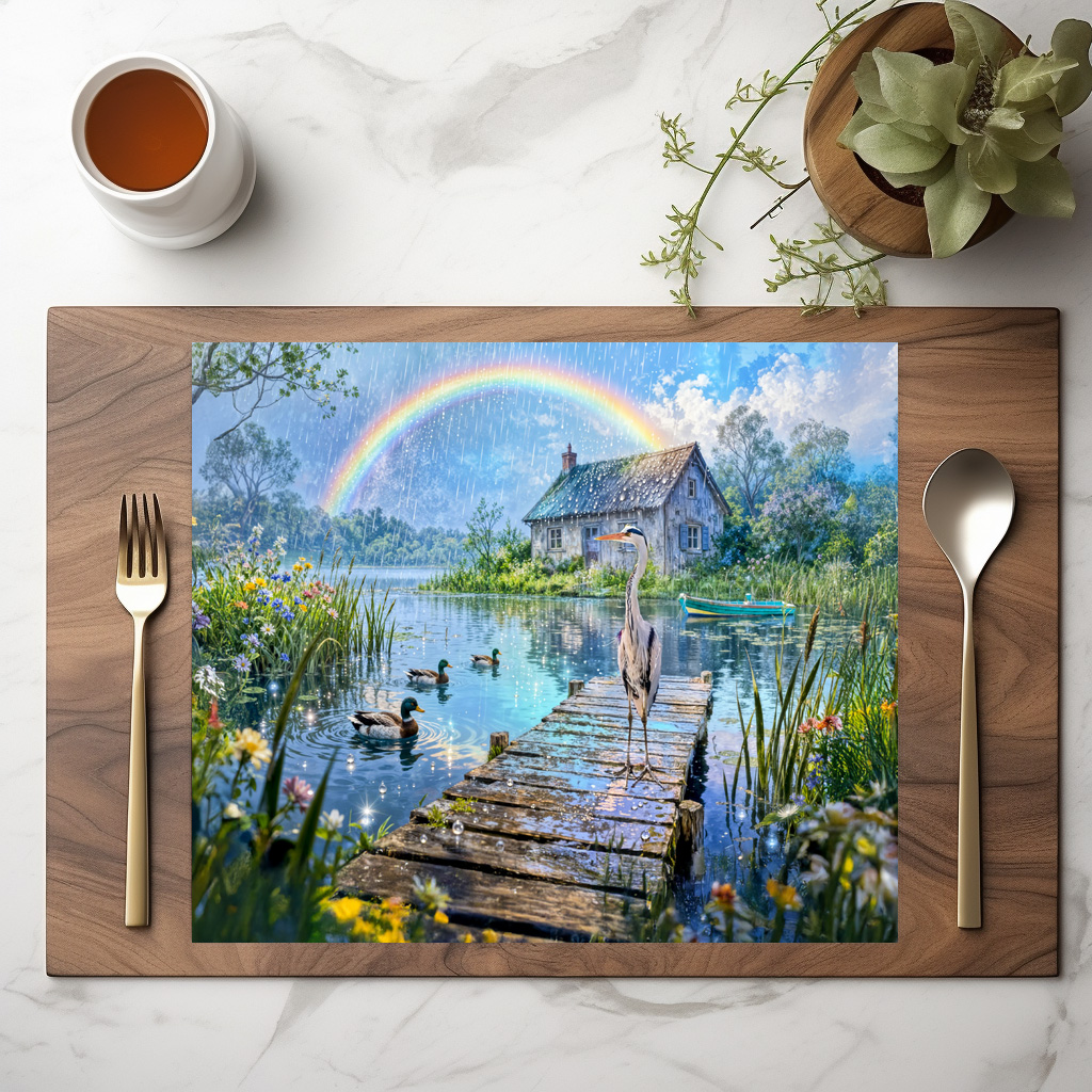 raxxa Premium-Tischset: Rainbow Cottage with Ducks, Heron and Forest Stream