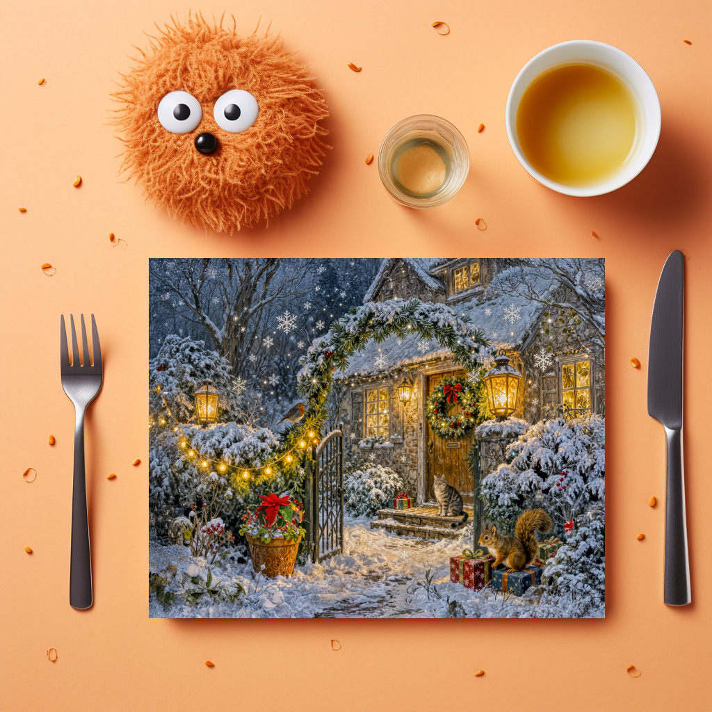 raxxa Premium-Tischset: Winter Cottage with Squirrel, Cat and Robin Artwork - Imagen 3