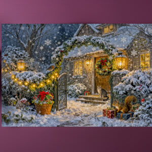 raxxa Premium-Tischset: Winter Cottage with Squirrel, Cat and Robin Artwork