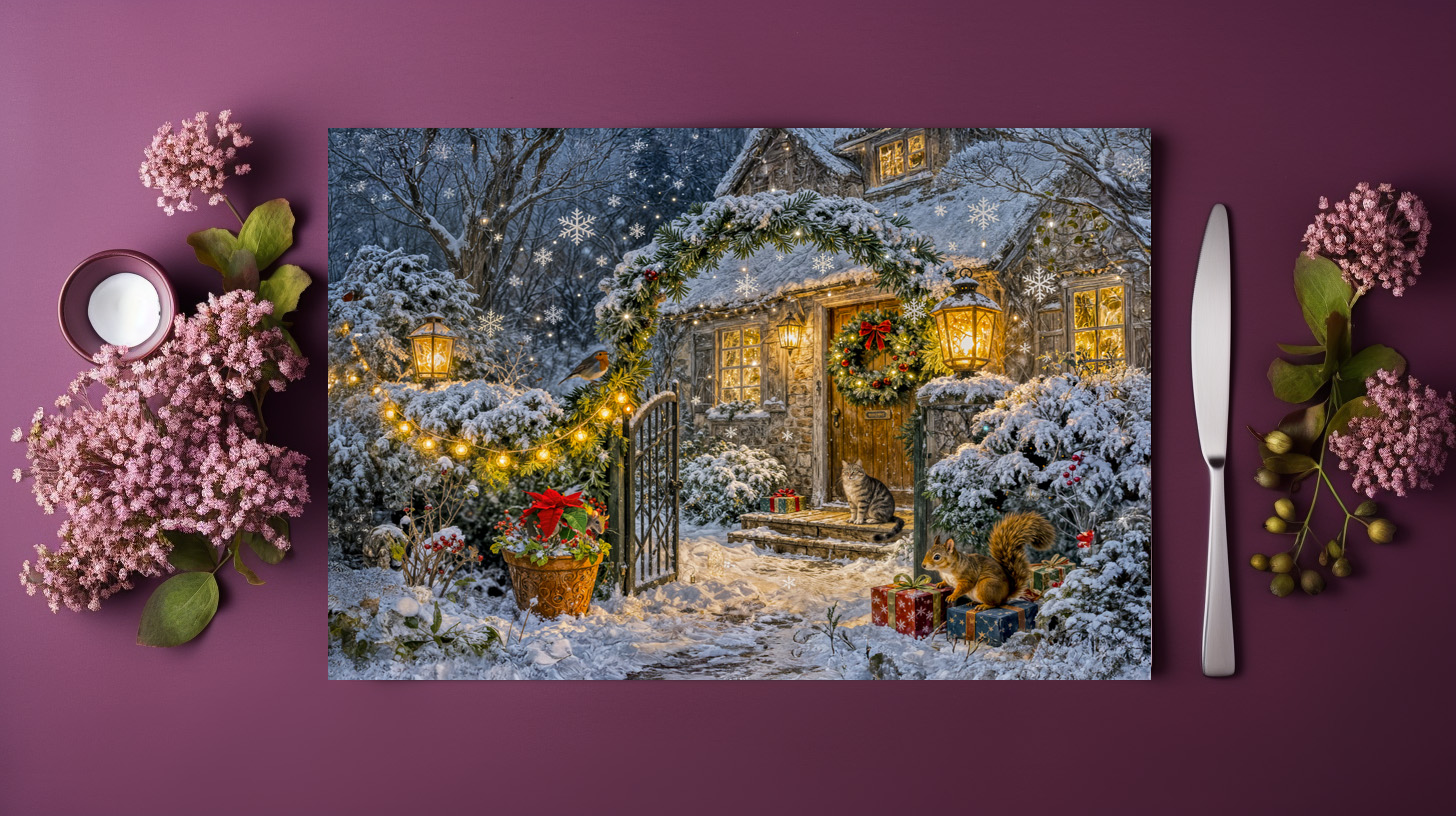 raxxa Premium-Tischset: Winter Cottage with Squirrel, Cat and Robin Artwork