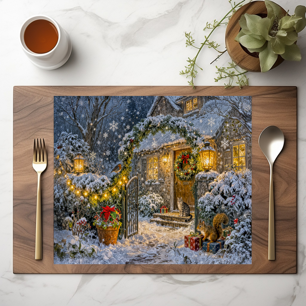 raxxa Premium-Tischset: Winter Cottage with Squirrel, Cat and Robin Artwork - Imagen 2
