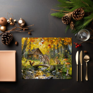 raxxa Premium-Tischset: Autumn Forest Cottage with forest animals and Mushrooms Artwork