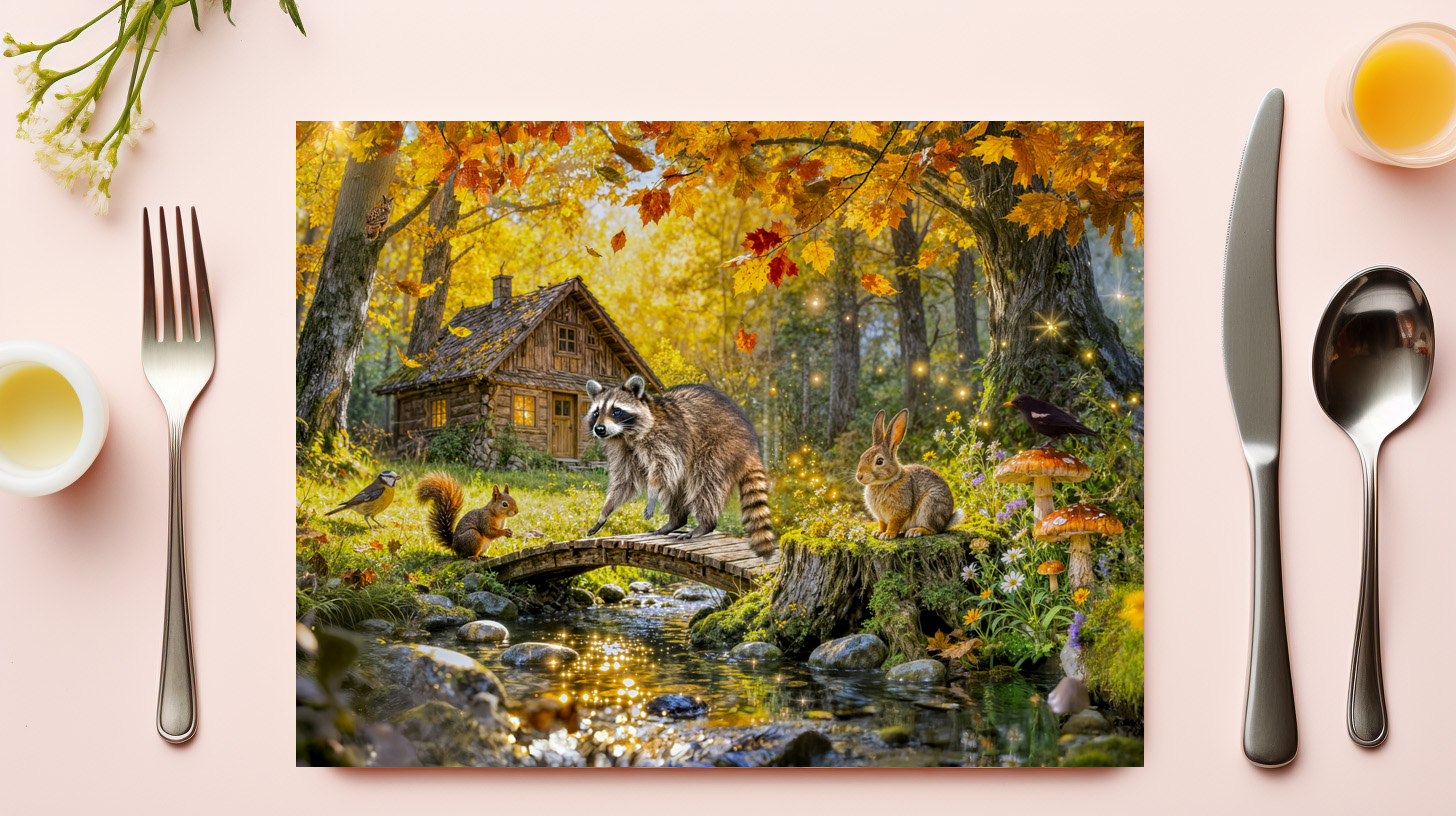 raxxa Premium-Tischset: Autumn Forest Cottage with forest animals and Mushrooms Artwork – Image 3