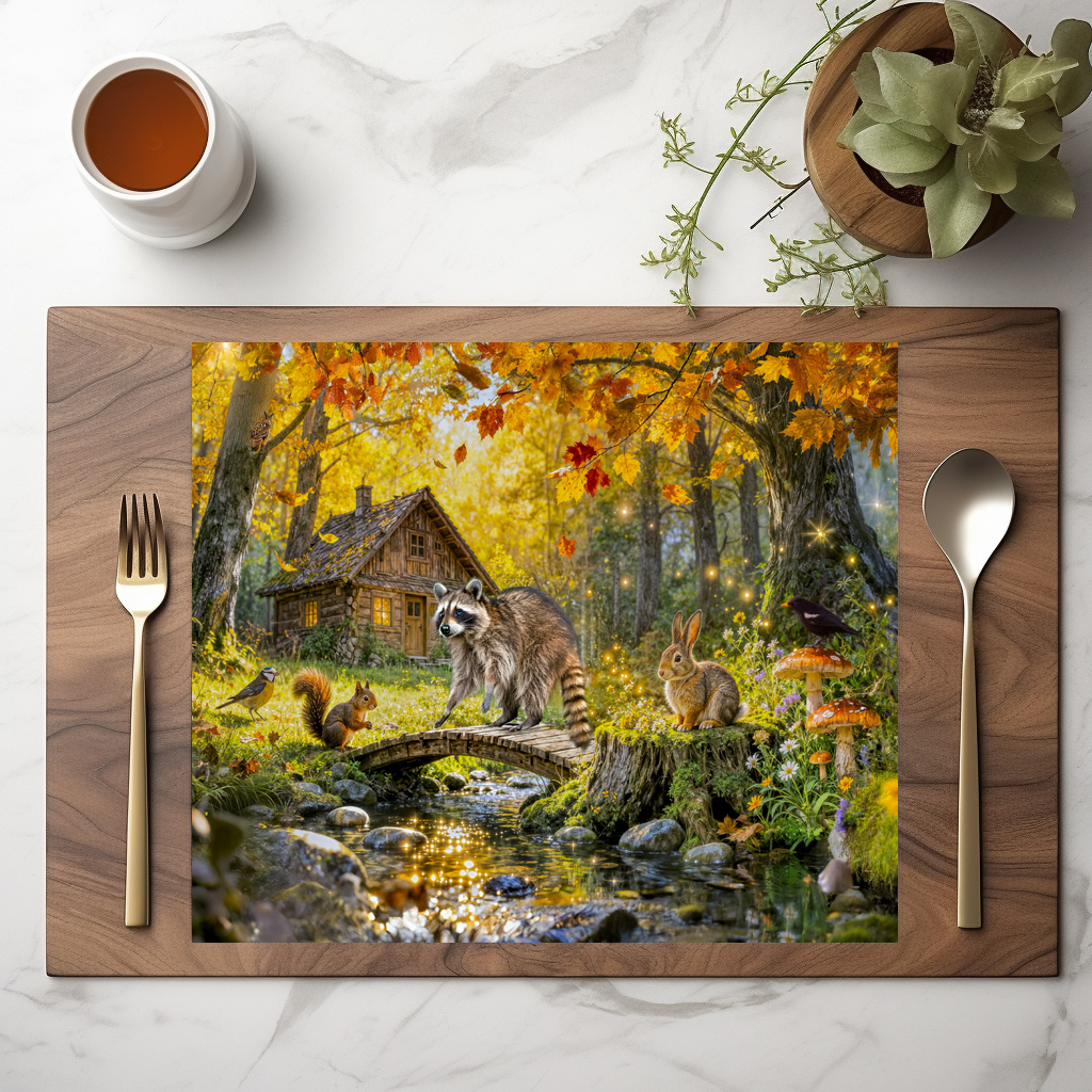 raxxa Premium-Tischset: Autumn Forest Cottage with forest animals and Mushrooms Artwork – Image 2