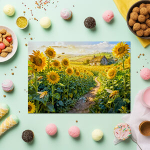 raxxa Premium-Tischset: Sunflower Path Cottage with Cat and Blossoming Meadow Artwork