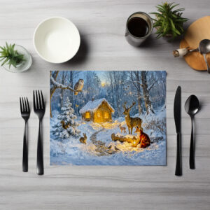 raxxa Premium-Tischset: Winter Forest Cottage with Deer, Fox and Owl – Fantasy Artwork