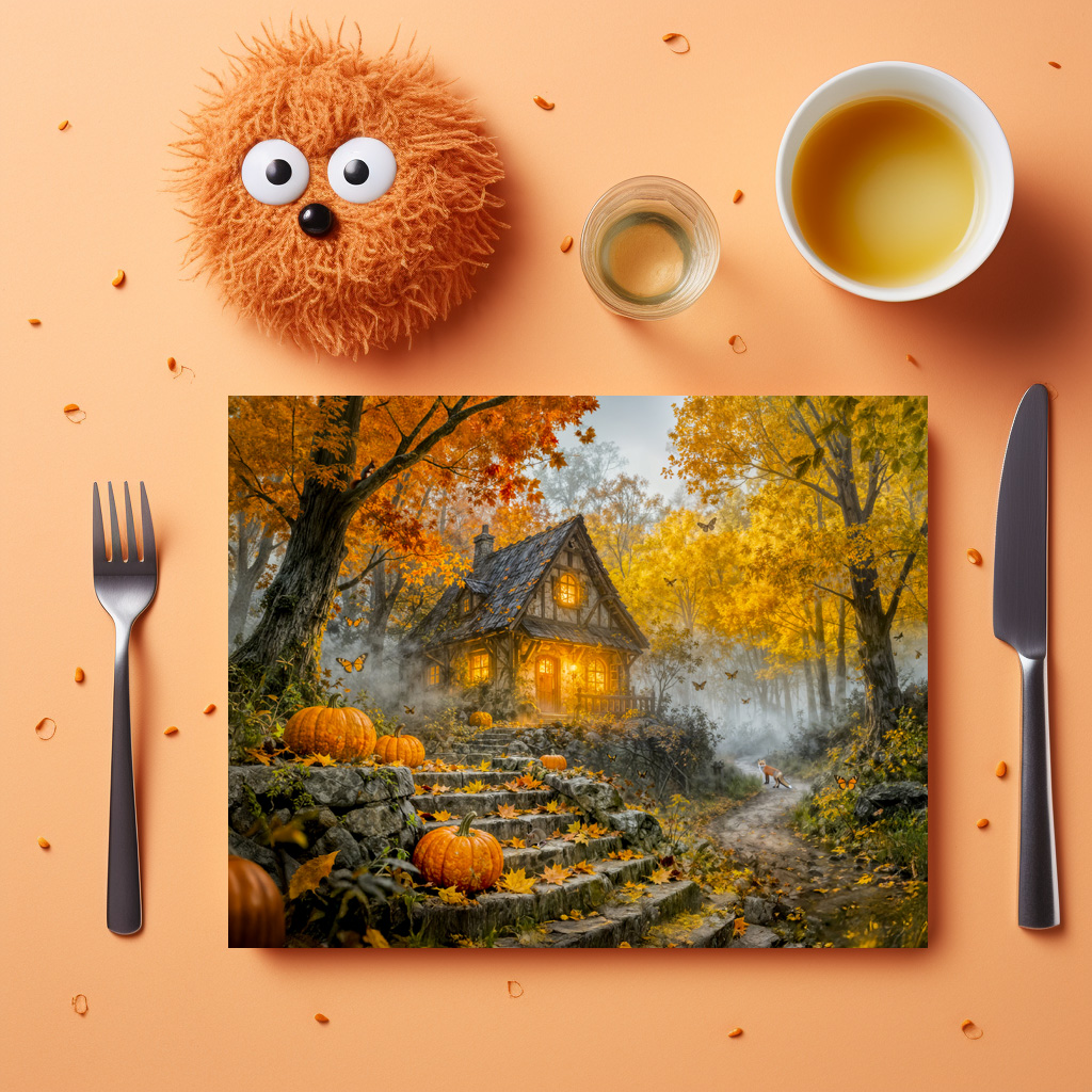 raxxa Premium-Tischset: Autumn Forest Cottage with forest animals and Mushrooms Artwork – Bild 3
