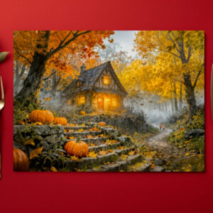 raxxa Premium-Tischset: Autumn Forest Cottage with forest animals and Mushrooms Artwork