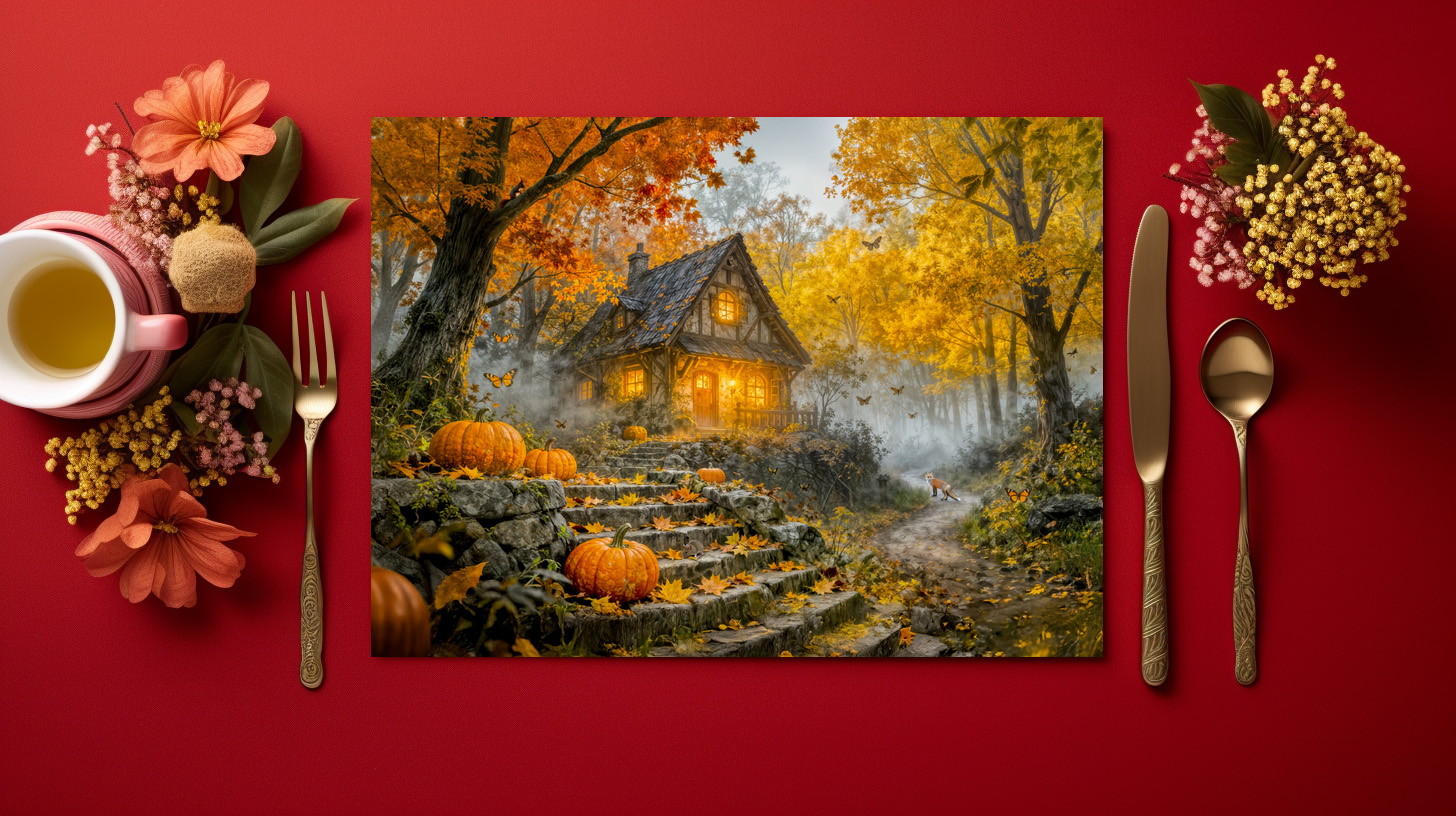 raxxa Premium-Tischset: Autumn Forest Cottage with forest animals and Mushrooms Artwork