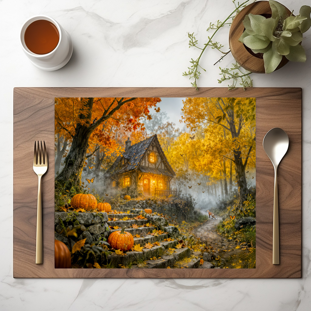 raxxa Premium-Tischset: Autumn Forest Cottage with forest animals and Mushrooms Artwork – Bild 2