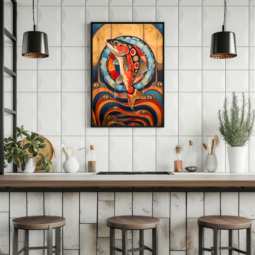 Poster: Salmon Totem – Journey in Deco Style