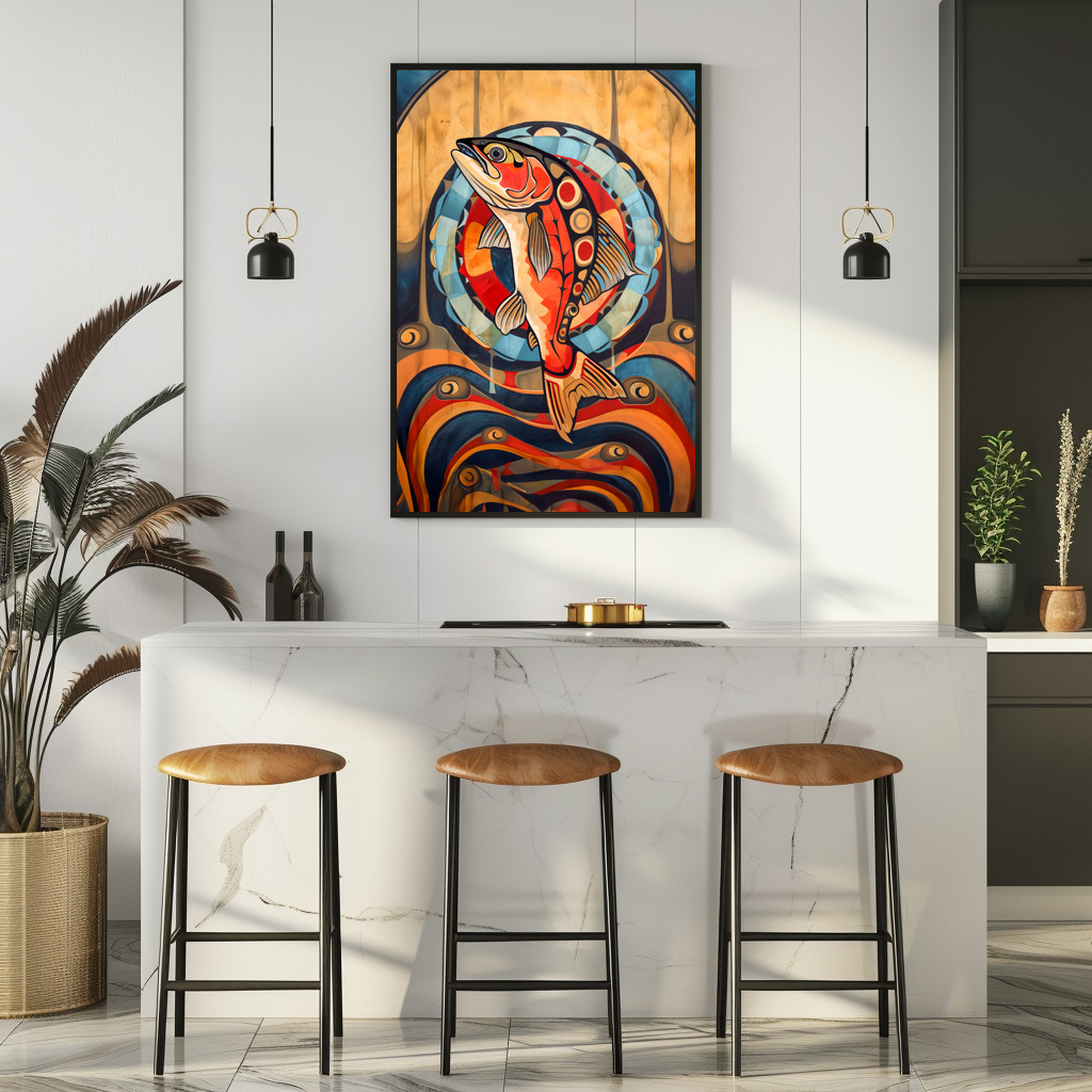 Poster: Salmon Totem – Journey in Deco Style - Image 3