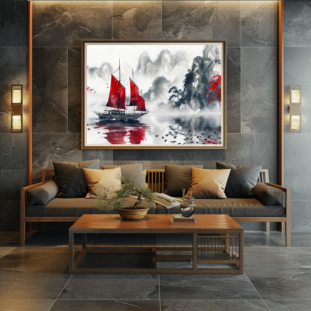 Poster: Chinese Watercolor Junk on Serene Lake – Bild 2