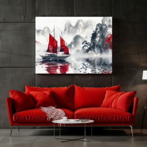 Poster: Chinese Watercolor Junk on Serene Lake