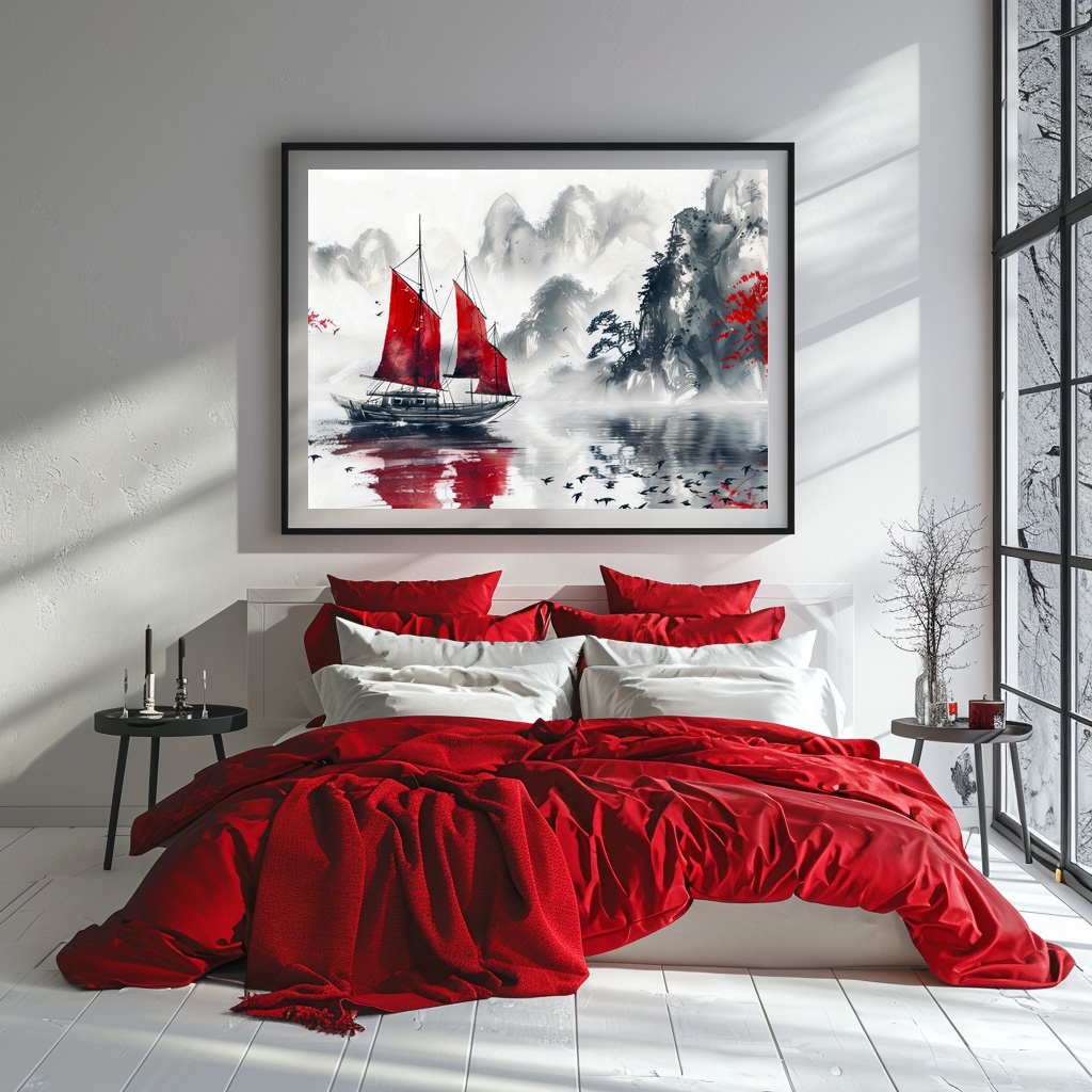 Poster: Chinese Watercolor Junk on Serene Lake – Bild 3