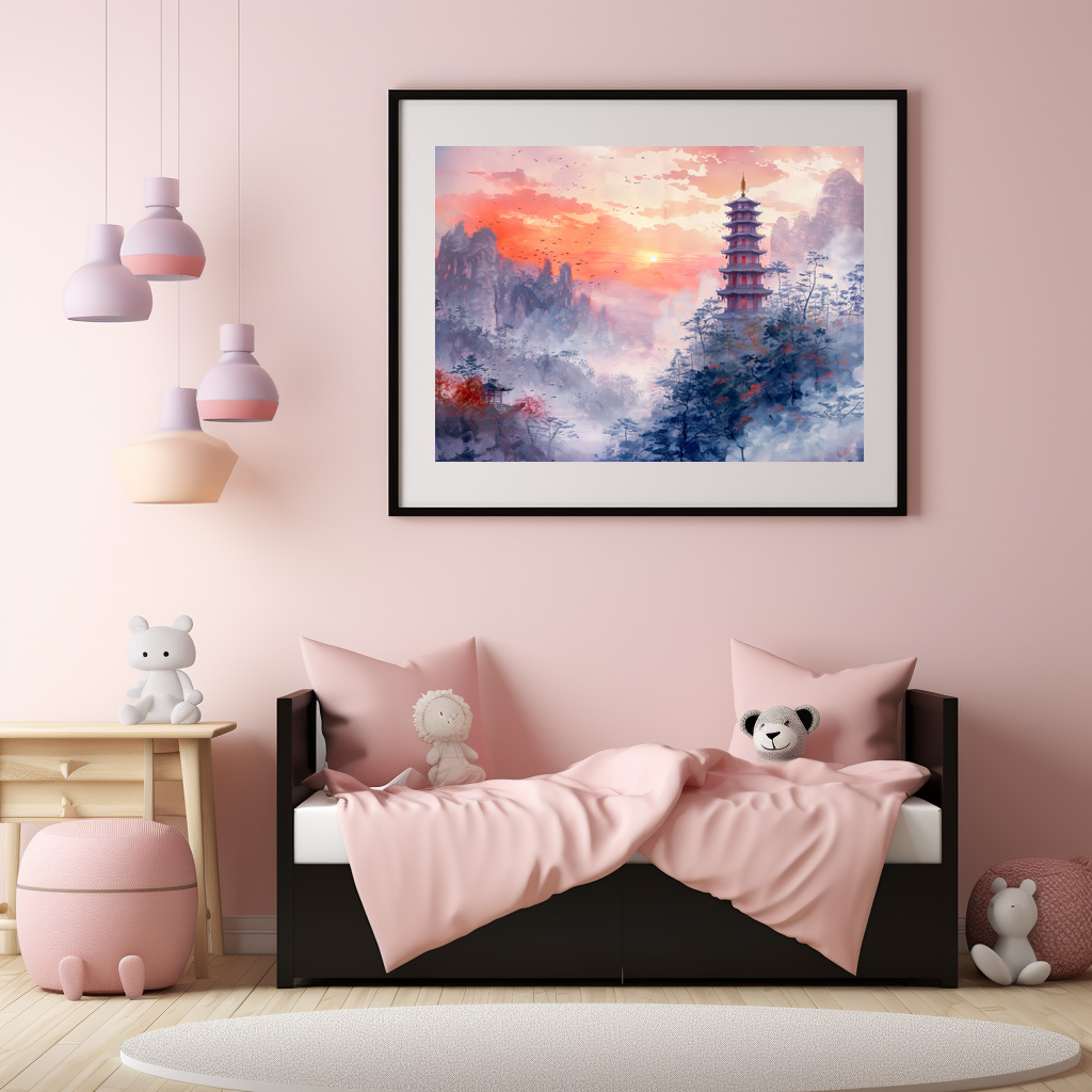 Poster: Chinese Watercolor Temple at Evening Glow – Bild 2