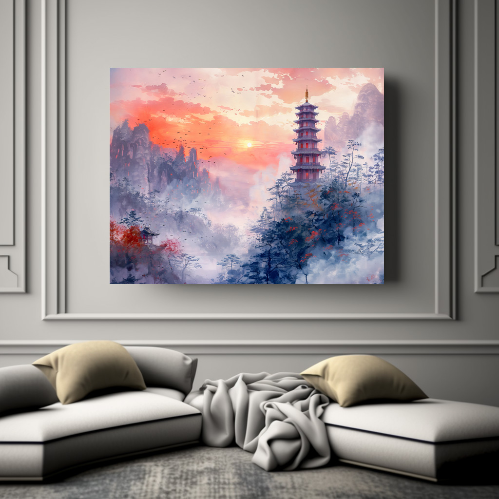 Poster: Chinese Watercolor Temple at Evening Glow – Bild 3