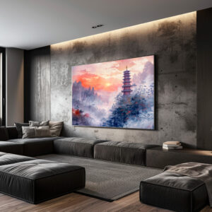 Poster: Chinese Watercolor Temple at Evening Glow