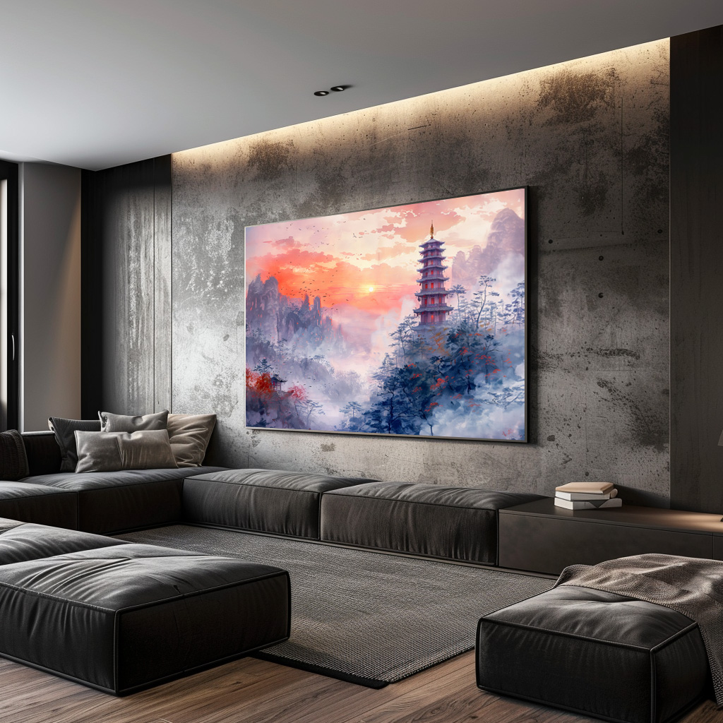 Poster: Chinese Watercolor Temple at Evening Glow