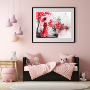 Poster: Chinese Watercolor Geisha on a Bridge