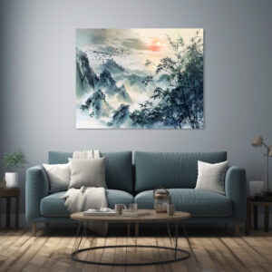 Poster: Chinese Watercolor Bird Migration at Sunset