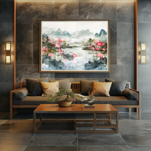 Poster: Chinese Watercolor Lotus and Serene Mountains