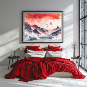 Poster: Chinese Watercolor Birds Soaring over Mountains