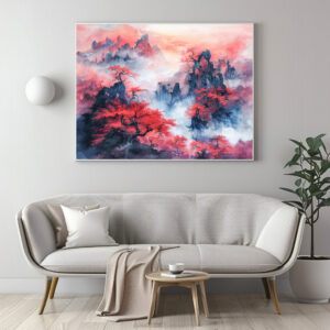 Poster: Chinese Watercolor Autumn Mountains at Sunset