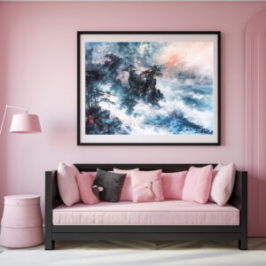 Poster: Chinese Watercolor Waves on Rocky Coast