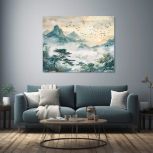 Poster: Chinese Watercolor Birds in Evening Sky